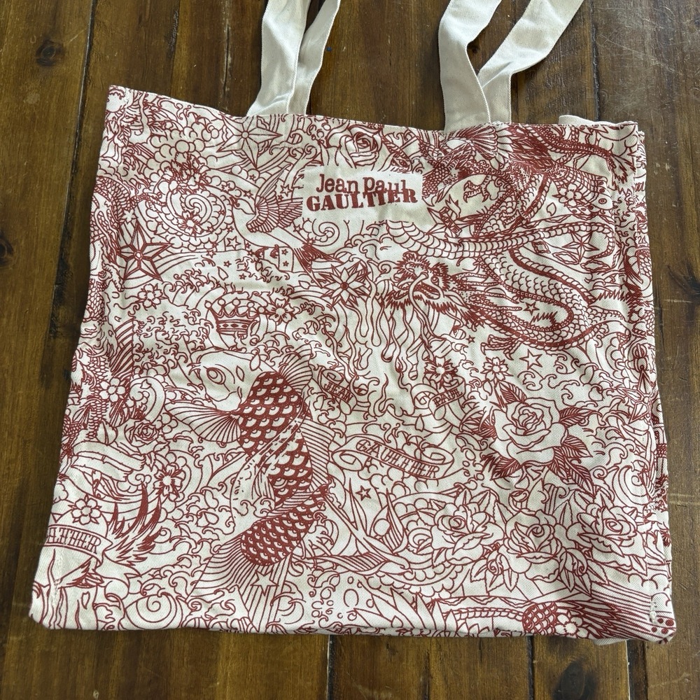 Jean Paul Gaultier Tattoo Style Tote Bag Red & Beige Canvas Shoulder Woven - Picture 7 of 12